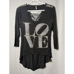 Ocasion Women Black Glitter LOVE Graphic Top Lattice Back Sequin Shoulder XL